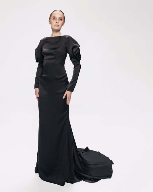 Empress dress - Rose sleeve boat neck fitted dress with godet train